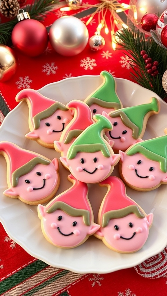 A festive plate of pink Christmas elf cookies decorated with icing and sprinkles on a holiday-themed table.